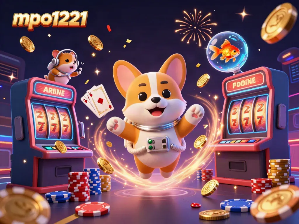 Bet on mpo1221 with a lively 3D space casino scene featuring winning symbols, confetti, and cute characters.