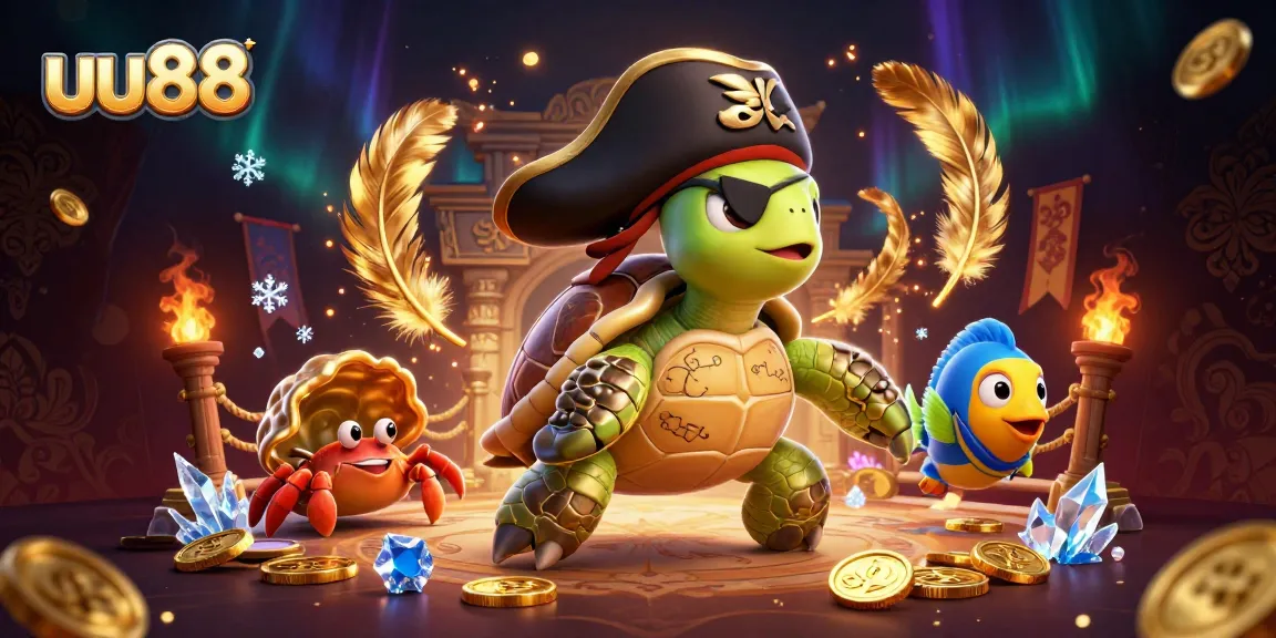 Play thrilling games at uu88 with a pirate turtle and hermit crab amid golden treasures.