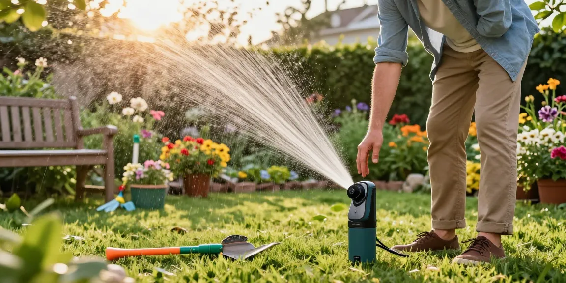 Homeowner using the rainpoint water timer to water plants effortlessly in a vibrant garden setting.