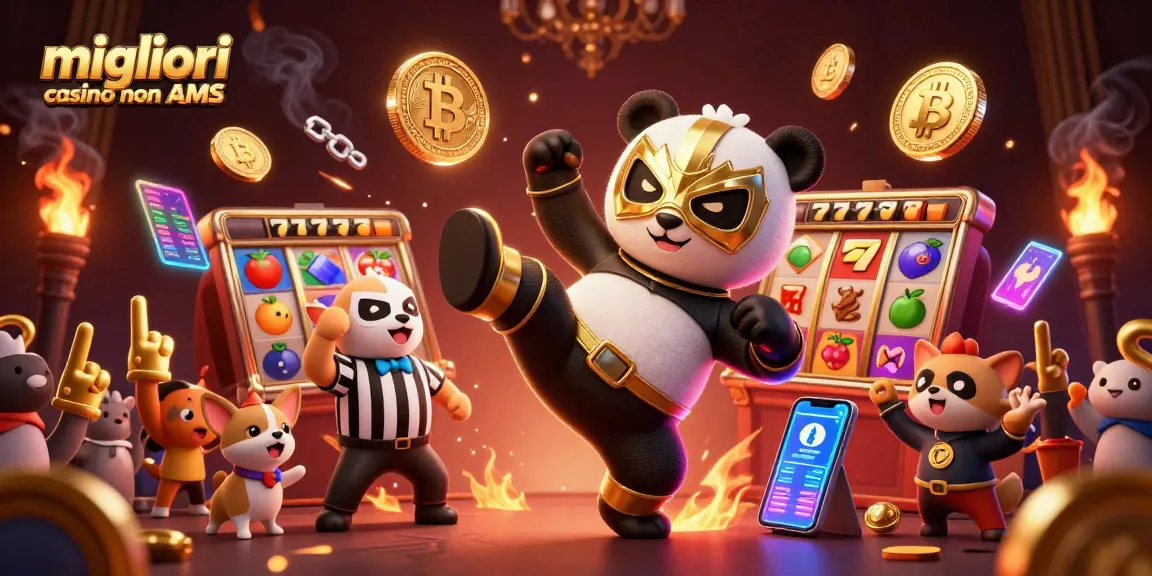 Migliori casino non AAMS che mostrano un'azione vibrante di panda da wrestling 3D in un'atmosfera da casinò con elementi vivaci