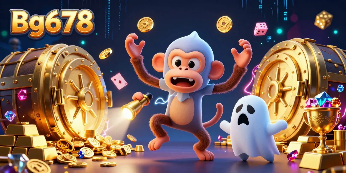 Experience thrilling gameplay with Bg678's vibrant casino scene featuring a playful monkey and ghost-hunter puppy.