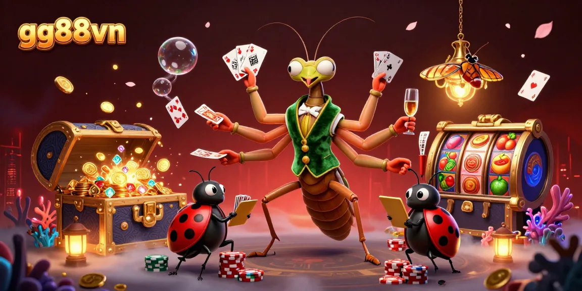 Join the excitement at gg88vn as a praying mantis card sharp deals winning hands among colorful game elements.