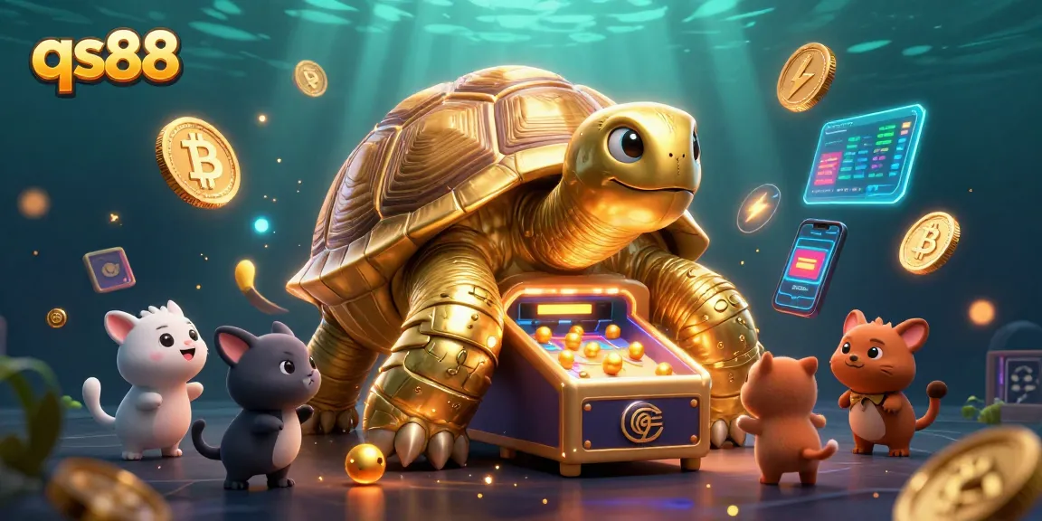 Engage with qs88's thrilling pinball action featuring a golden tortoise and crypto elements.