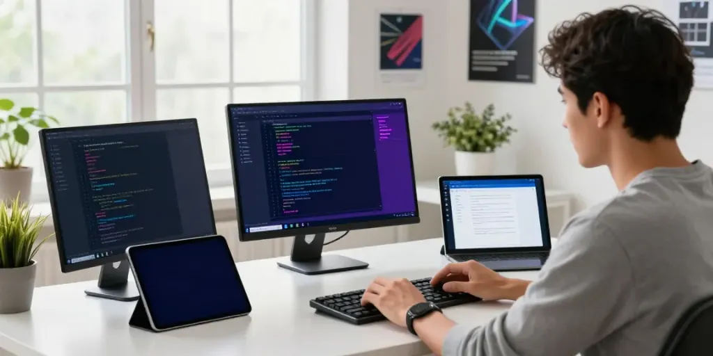 Focused professional optimizing Android apps in a bright workspace, showcasing h5.2113.net's features.