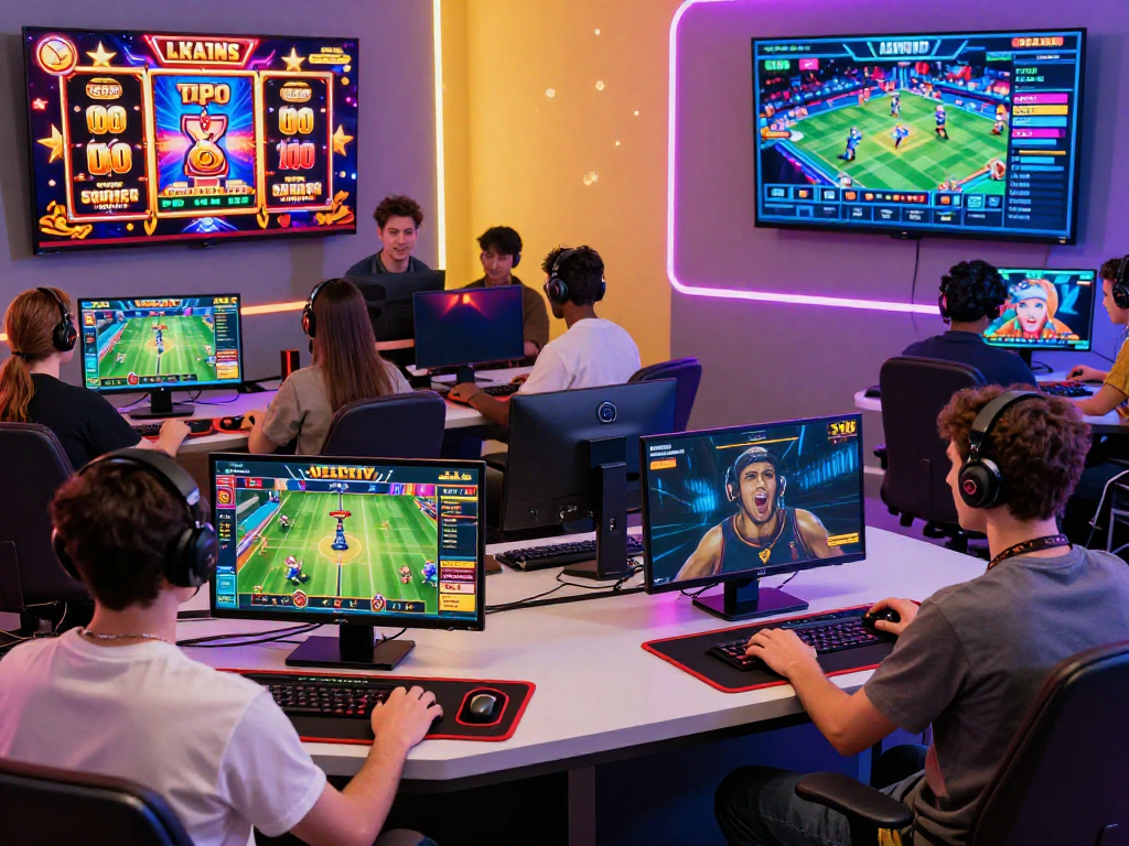 Dynamic online gaming atmosphere showcasing situs raja328 with players engaged in slots, sports betting, and live casino, vibrant colors and digital excitement.