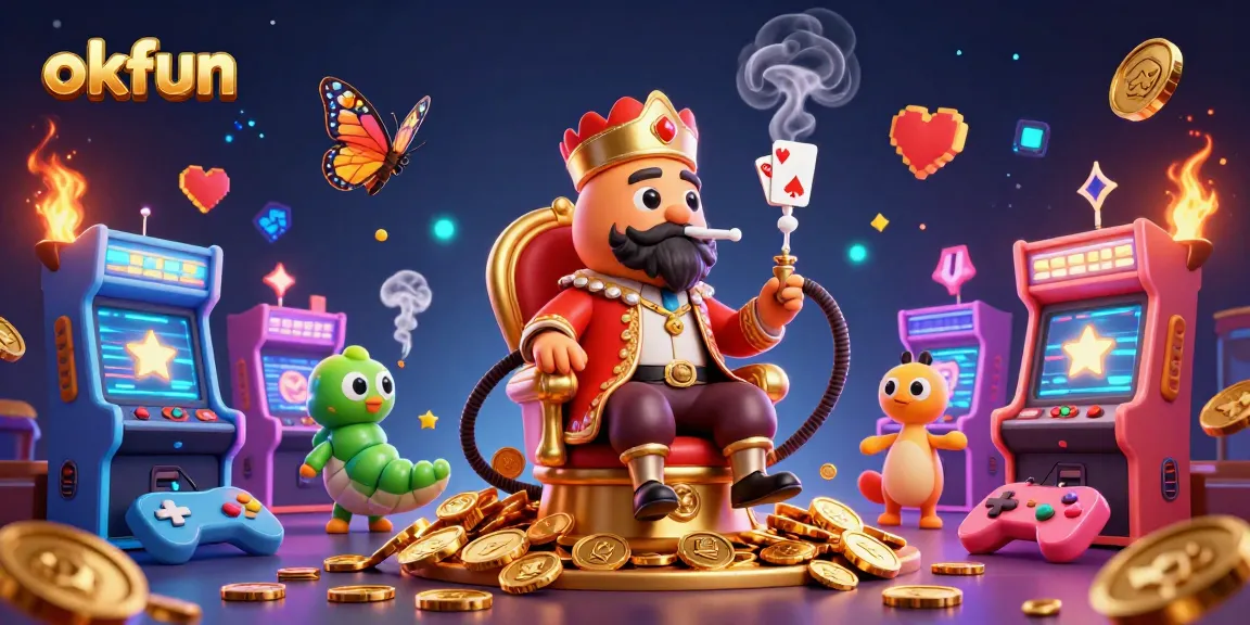 okfun entices players with a vibrant casino experience showcasing games, characters, and golden treasures
