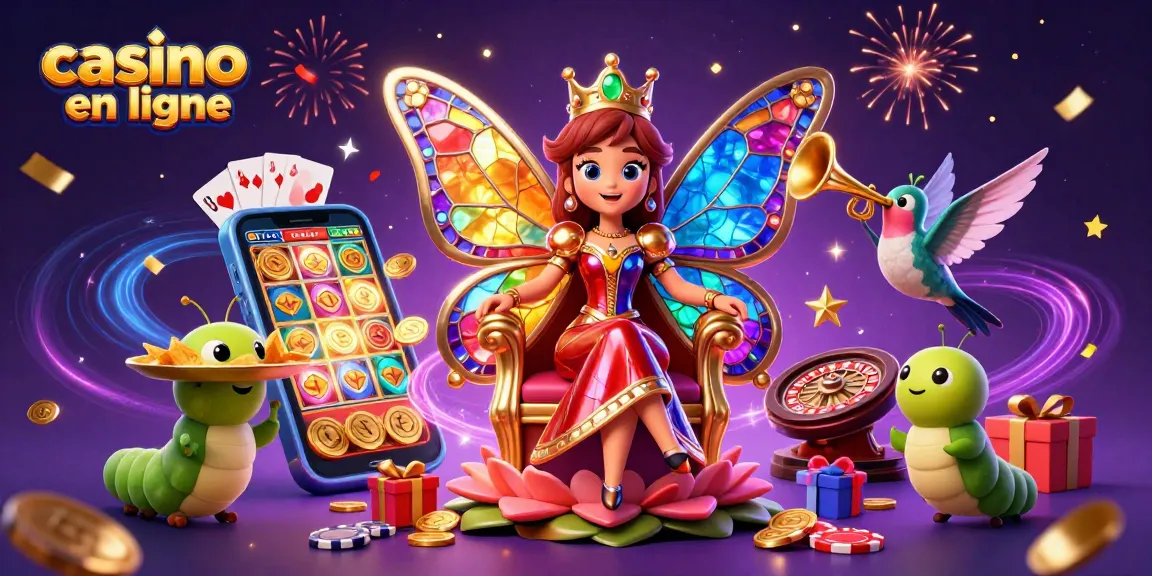 Jouez à des jeux de casino en ligne avec notre reine papillon, jetons dorés et plaisir festif.