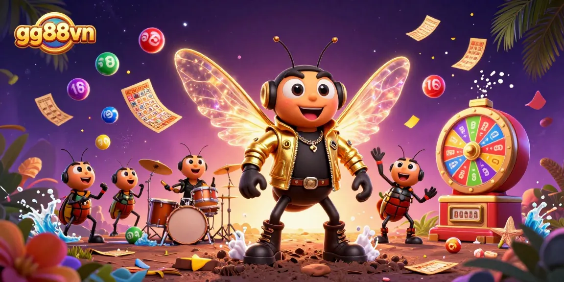 Win big at gg88vn with a vibrant illustration of a rock star cicada celebrating success in a casino.