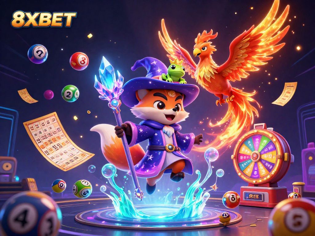 Engage in thrilling online gaming experiences with 8XBET's vibrant illustration of exciting lottery elements and fantasy characters.