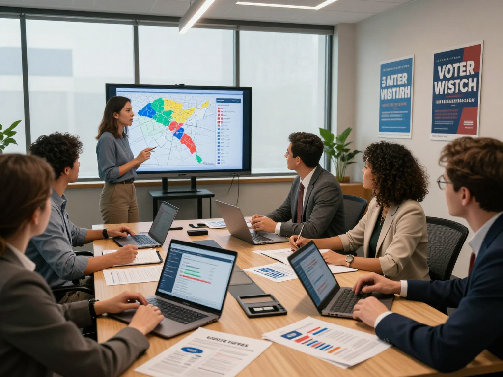 Strategic team collaborating on answer engine optimization for political campaigns, focusing on voter data.