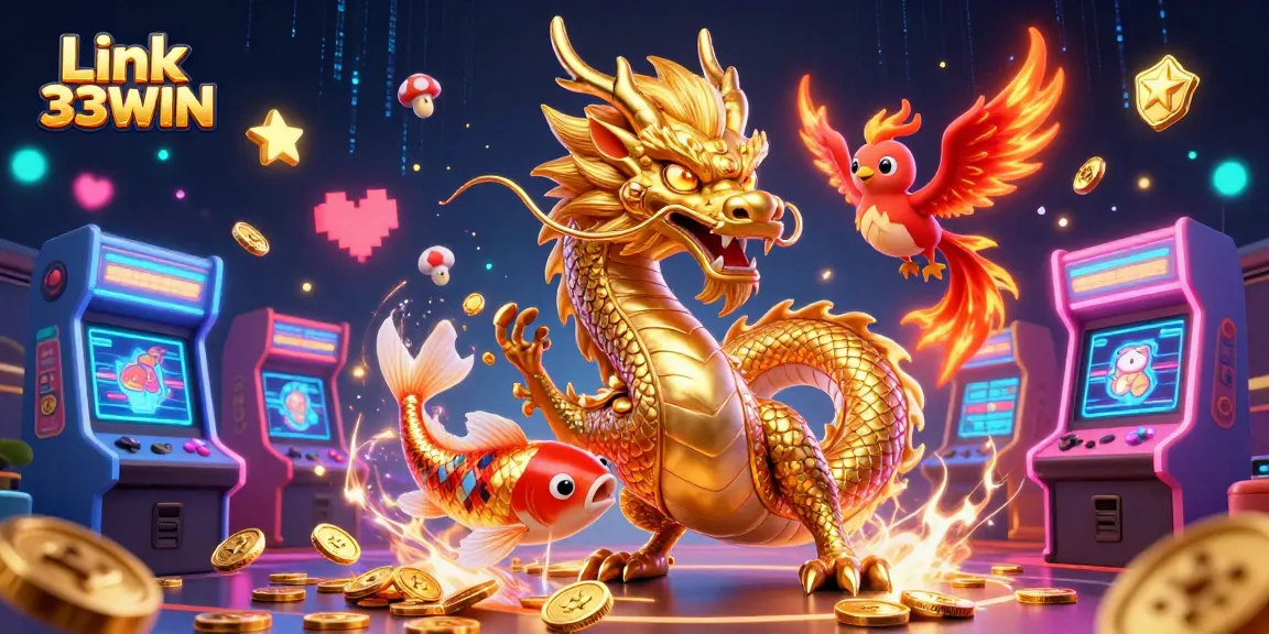 Experience thrilling gameplay at Link 33WIN with vibrant dragons and treasures in an epic casino scene.