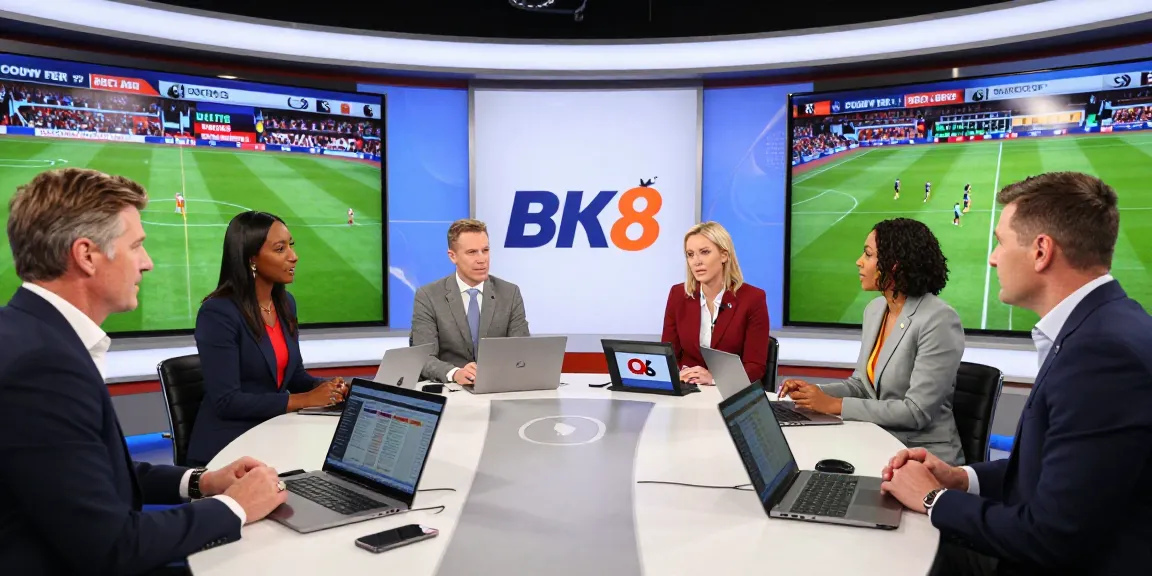 Sports analysts discussing Premier League updates at a vibrant BK8th news studio.