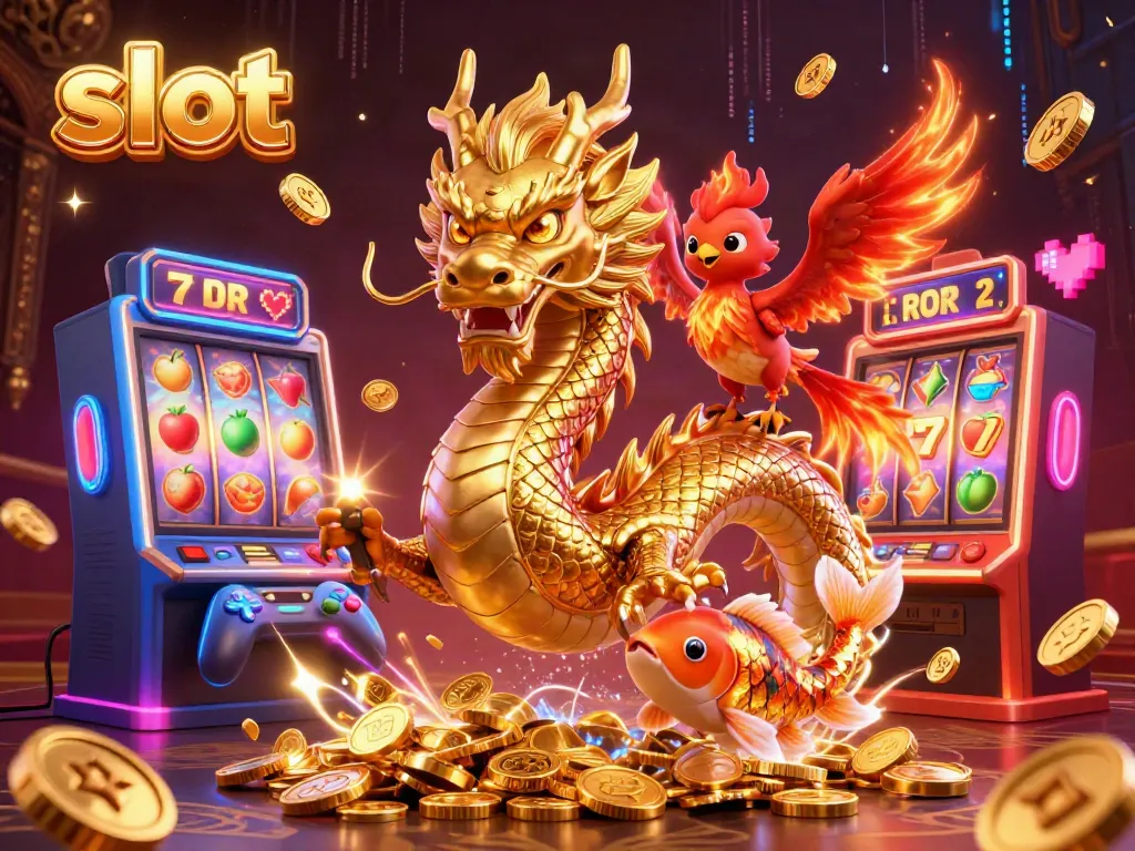 Experience thrilling slot action with a golden dragon, phoenix, and koi fish in this vibrant scene.