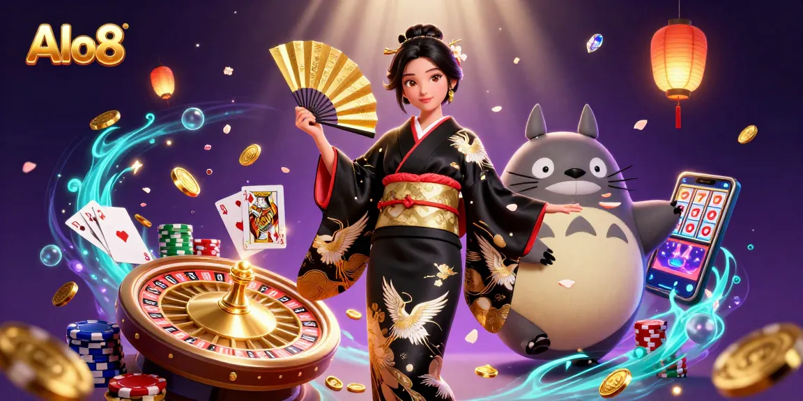 Alo8's vibrant casino scene featuring an elegant woman and a wise tanuki among flying coins and gems.