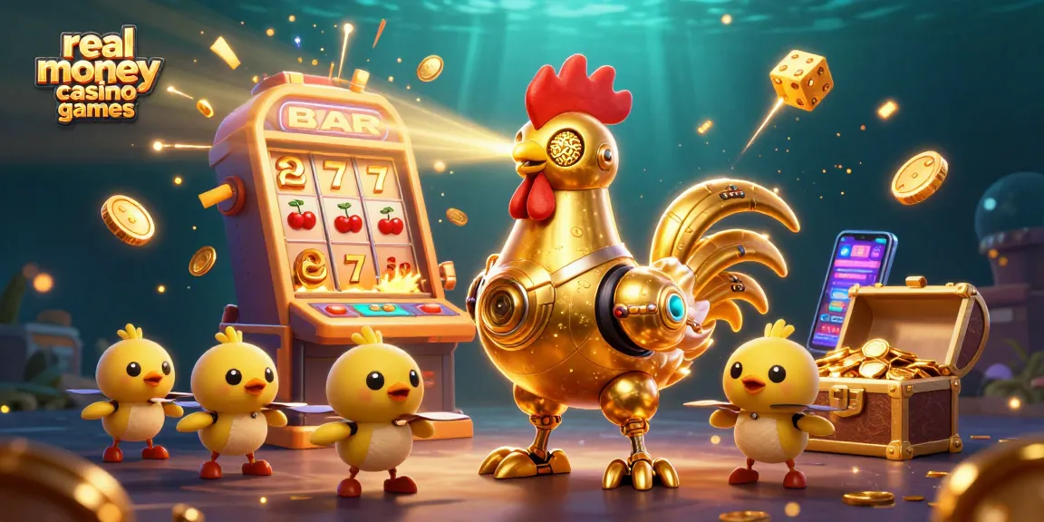 Engage with real money casino games in an energetic, vibrant scene featuring a golden rooster robot and baby chick drones.
