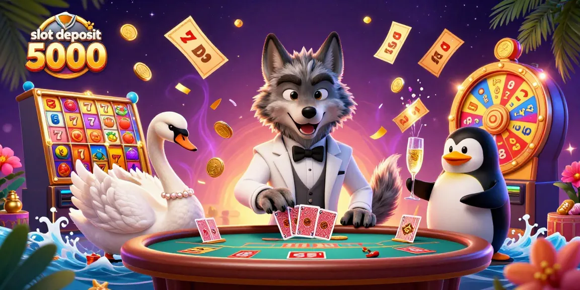 Experience the excitement of slot deposit 5000 with vibrant slot reels and animated characters in this colorful scene.