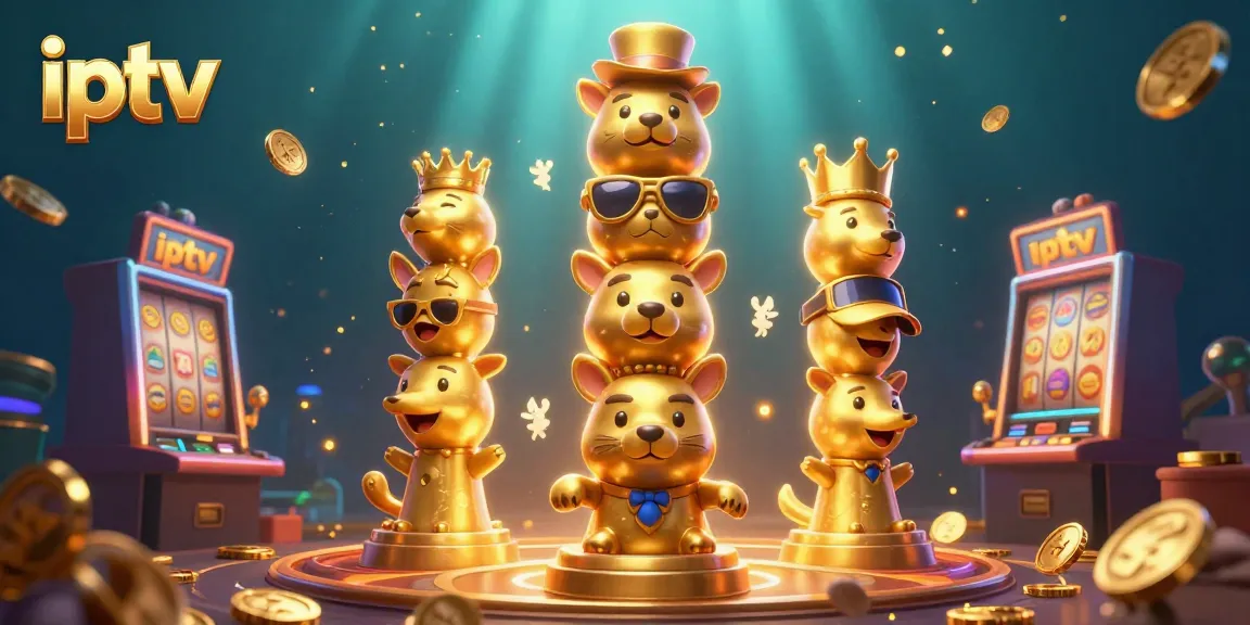 Play exciting iptv games with vibrant slot machines and a golden totem pole in 3D illustration.