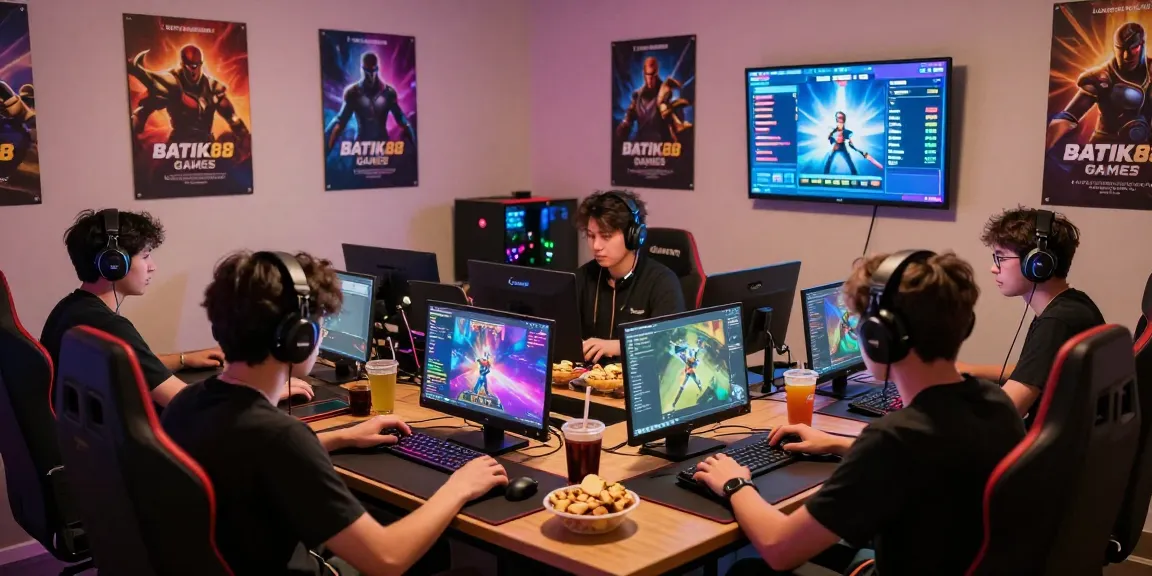 BATIK88 GAMES dalam suasana pemain yang bersemangat, bermain di ruang terang dengan dekorasi gaming.