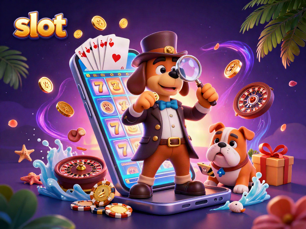 Experience the excitement of slot games with our detective duo discovering treasures amidst vibrant casino elements.