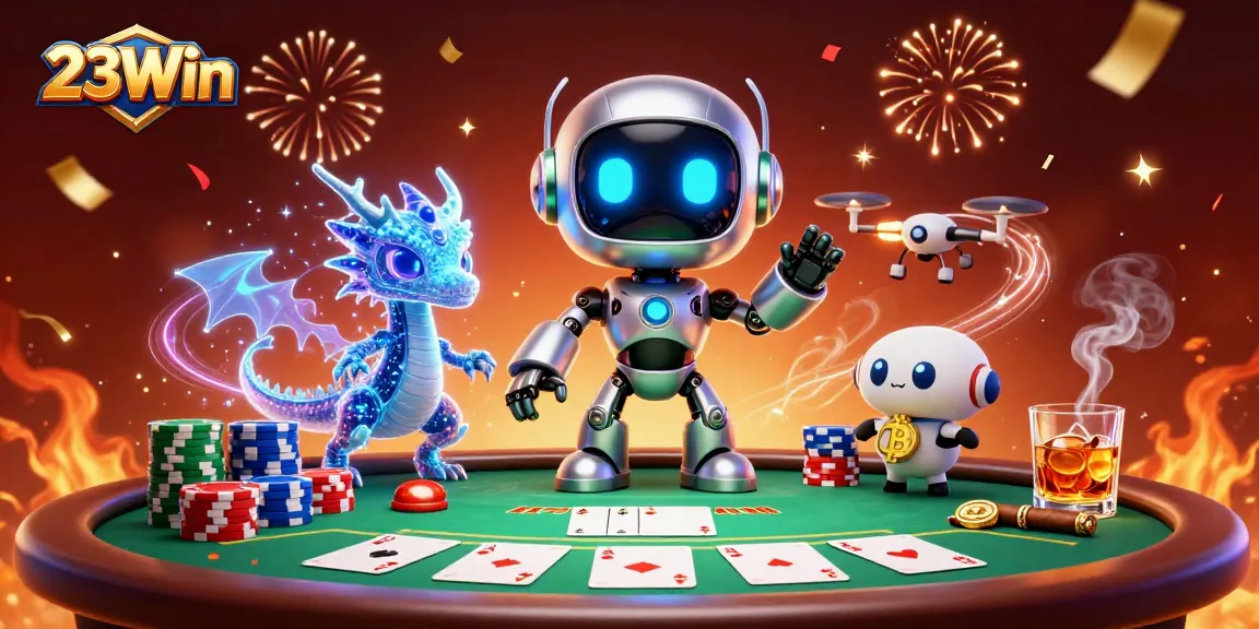 Engage in thrilling poker action with 23Win's vibrant characters and dynamic casino elements.