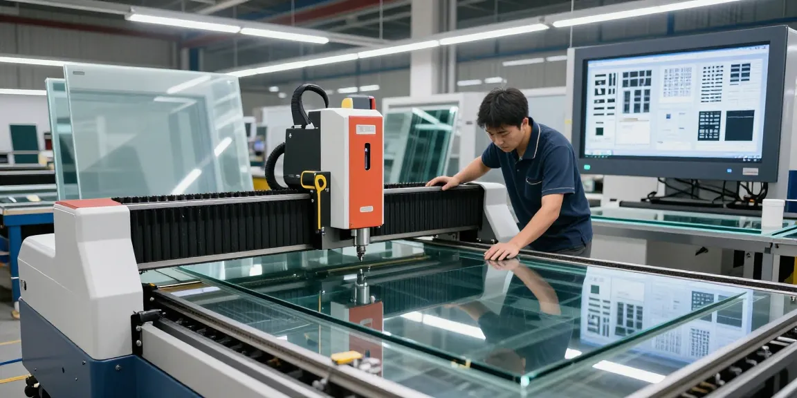 CNC glass cutting machine in action, showcasing precision and advanced technology in glass processing