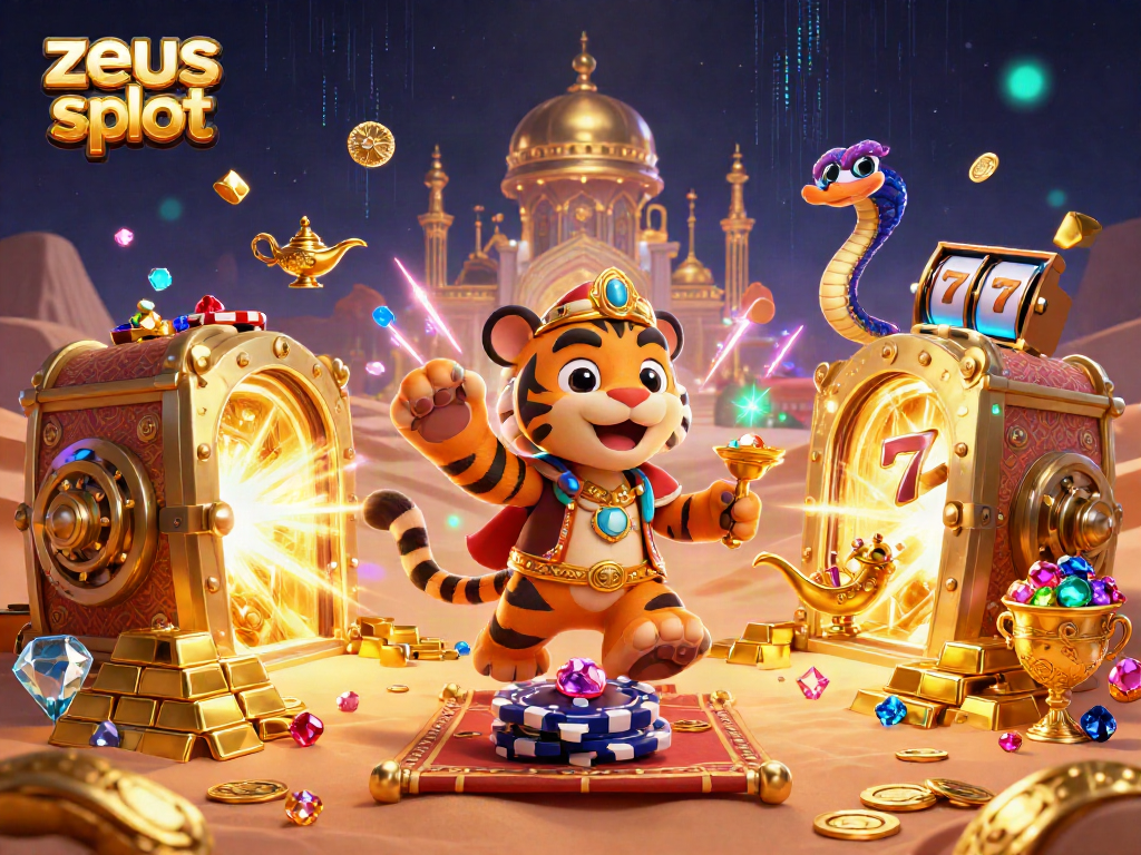 Engage with zeus slot in a vibrant scene featuring Arabian Nights characters amidst golden riches.