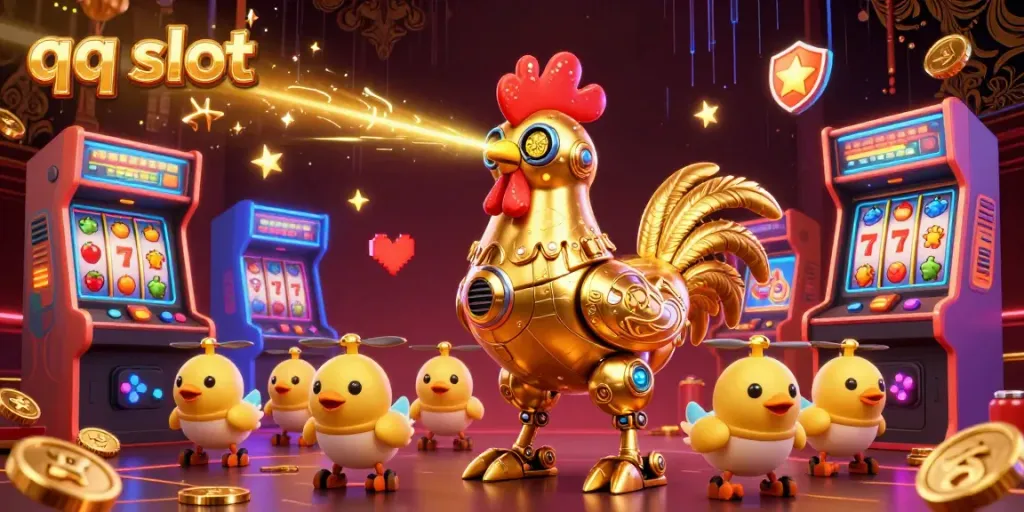Experience win with QQ slot in this vibrant 3D illustration of a golden rooster and cartoon characters.
