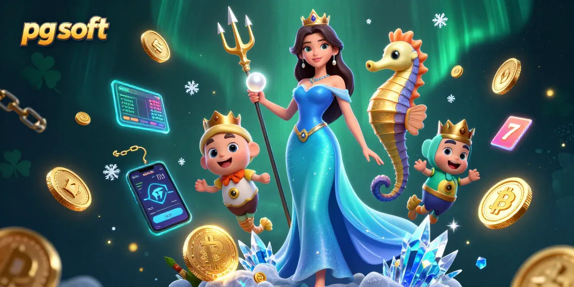 Play pg soft slots with engaging visuals of a 3D woman and seahorse king amidst treasures.