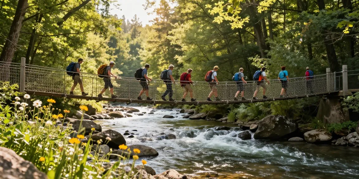 Group of hikers crossing a River Rope Bridge in a scenic forest setting
