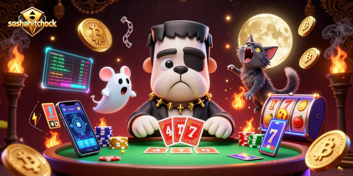 Permainan kartu oleh sashahitchcock yang menampilkan monster bulldog dan elemen slot yang ceria.