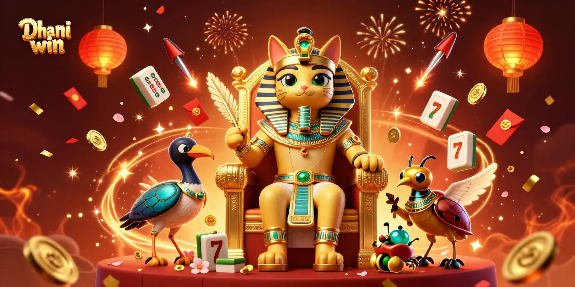 Dhani win showcases an engaging scene with a pharaoh cat and gaming elements like slots and jackpots.