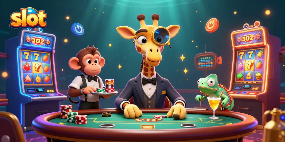 Witness a high-roller giraffe enjoying slots while a monkey valet serves in a vibrant casino