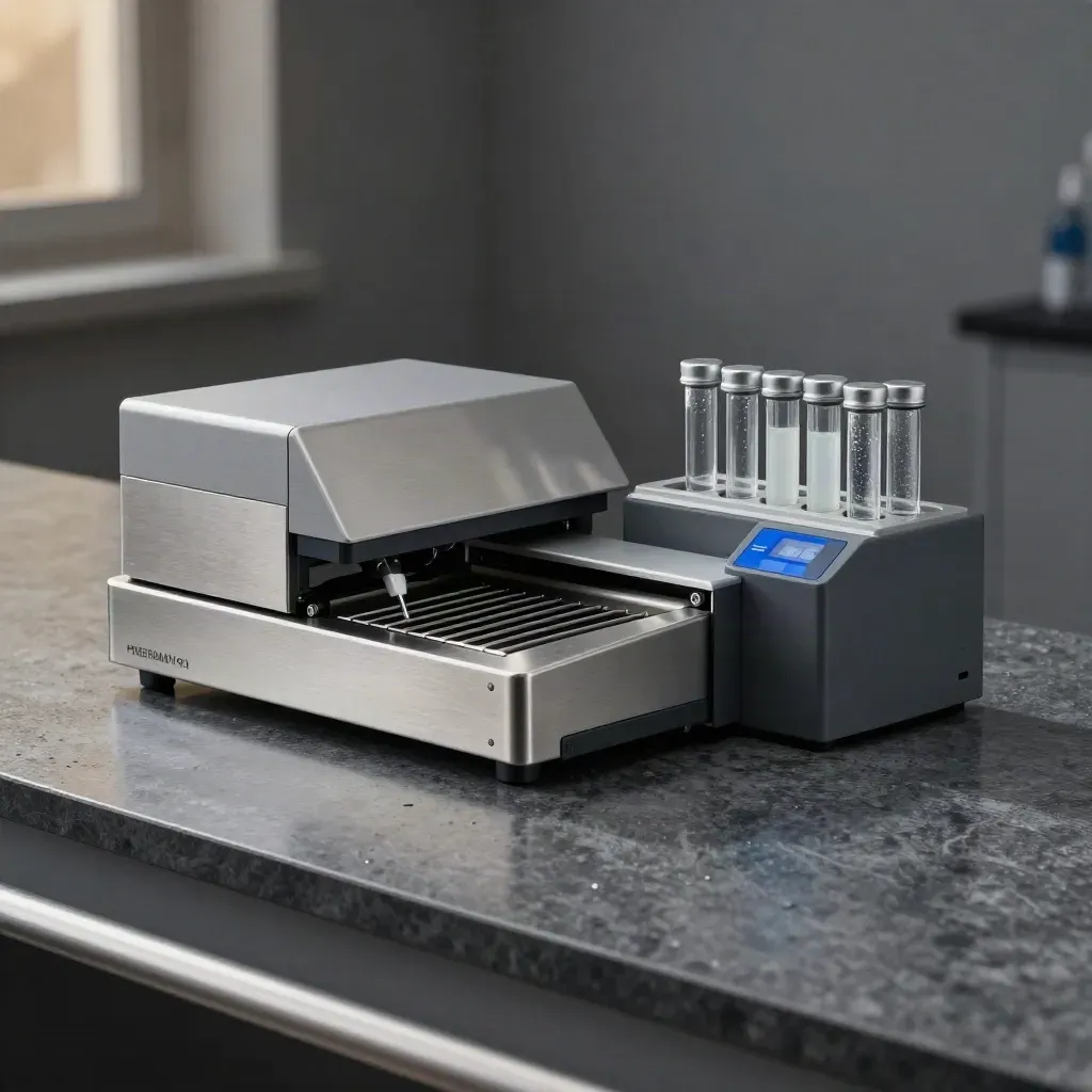 Stainless benchtop analyzer, pipette deck, and sample vials on a brushed stone lab bench.