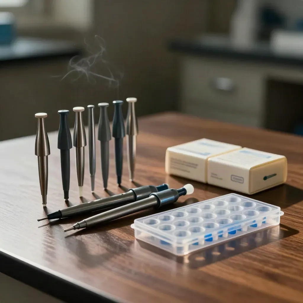 Pipette barrels, tip boxes, and a microplate on a warm lab bench under dramatic light.