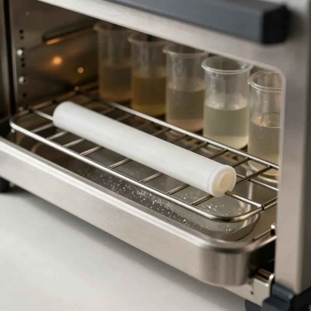 Extreme macro of incubator rails, humidity pan, gasket set, and culture flasks inside a stainless chamber.