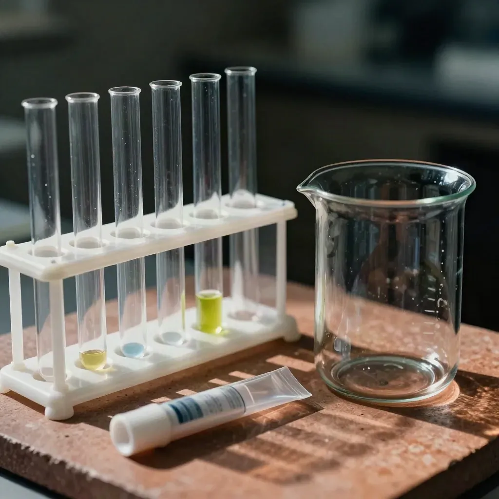 Macro lab prep kit on terracotta stone with tube rack, reagent bottle, stir bar pack and beaker.