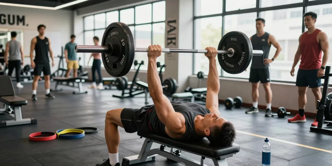 Astera Steroids Shop featuring a dedicated bodybuilder engaged in a bench press workout in a well-lit gym environment.