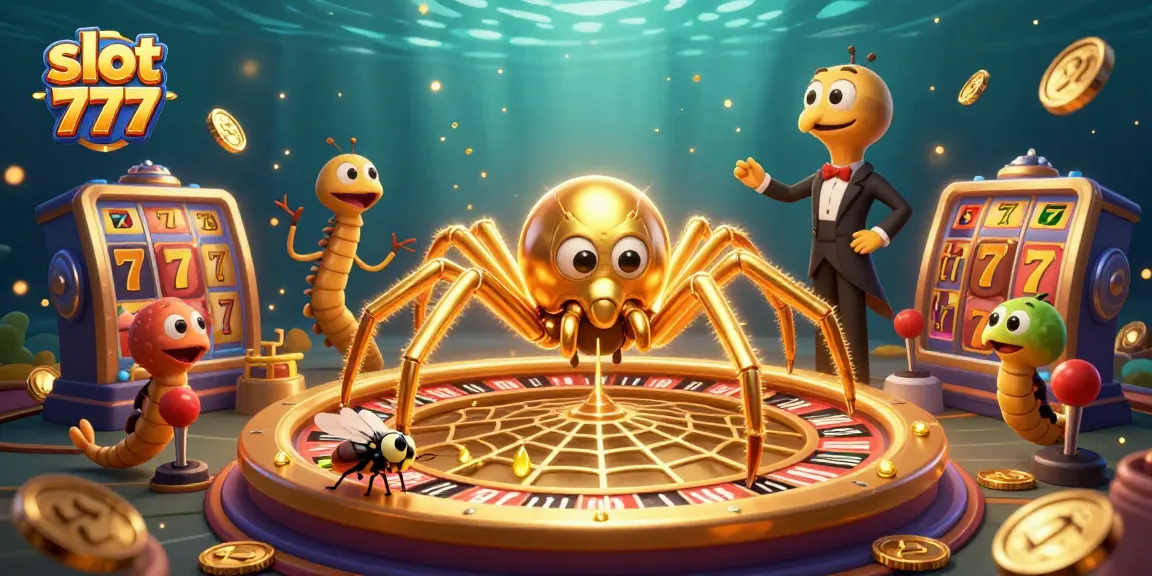 Bet at slot 777 with a golden spider spinning a roulette wheel in a vibrant casino setting.