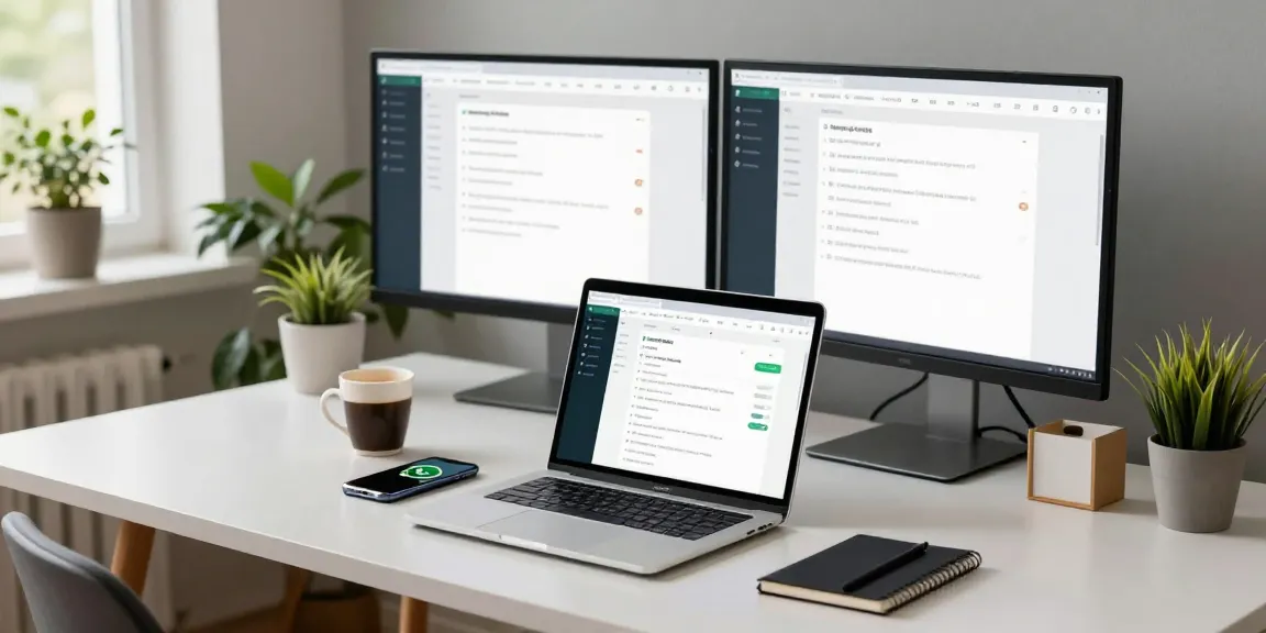 Using WhatsApp網頁版 on a sleek laptop at a modern home office desk.