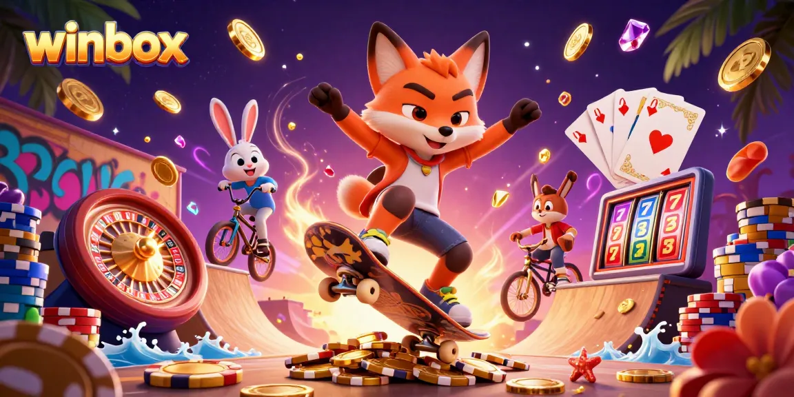 Winbox unleashes excitement with 3D characters and vibrant casino elements in a dynamic gaming scene.