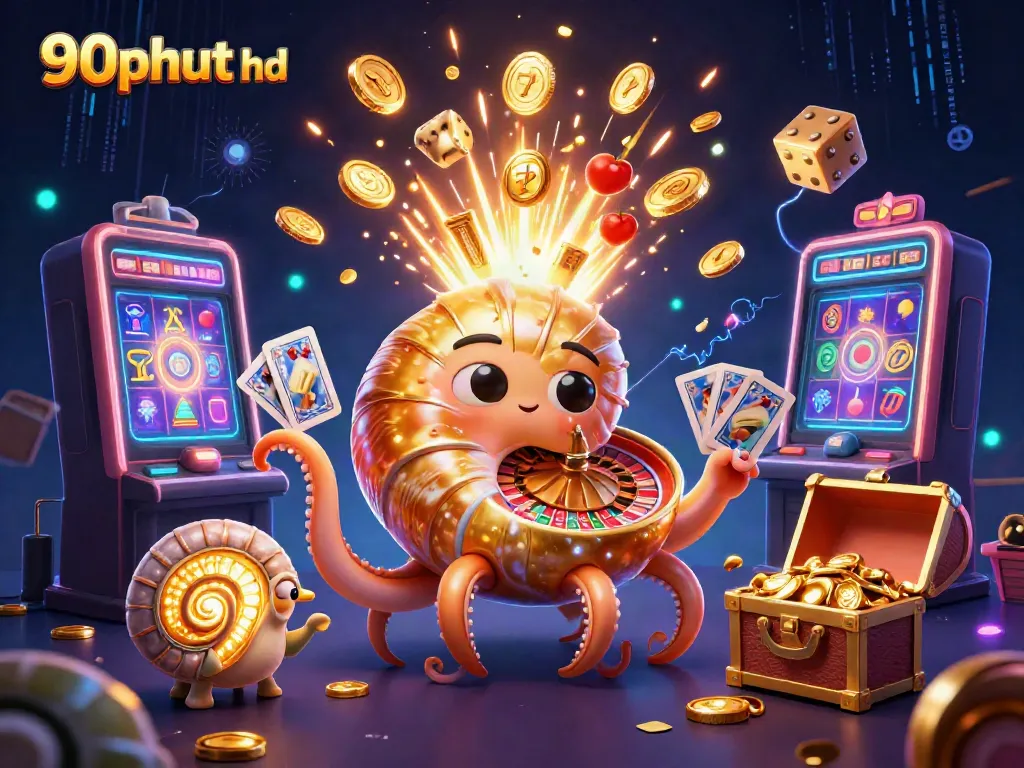 Engage with 90phut hd in this vibrant, packed 3D casino illustration scene brimming with thrilling gaming elements.