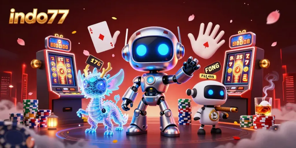 Slot mesin yang memikat dengan jackpot di indo77, menampilkan karakter cyberpunk yang penuh warna.