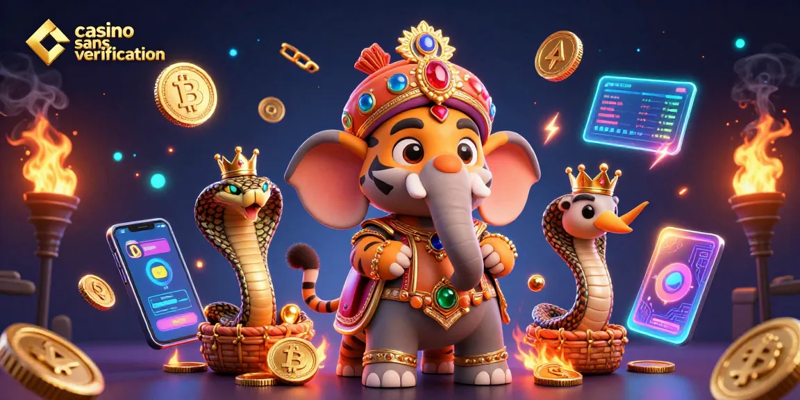 Jouez dans un casino sans vérification avec un tigre maharaja et un éléphant, entouré de crypto-monnaies.