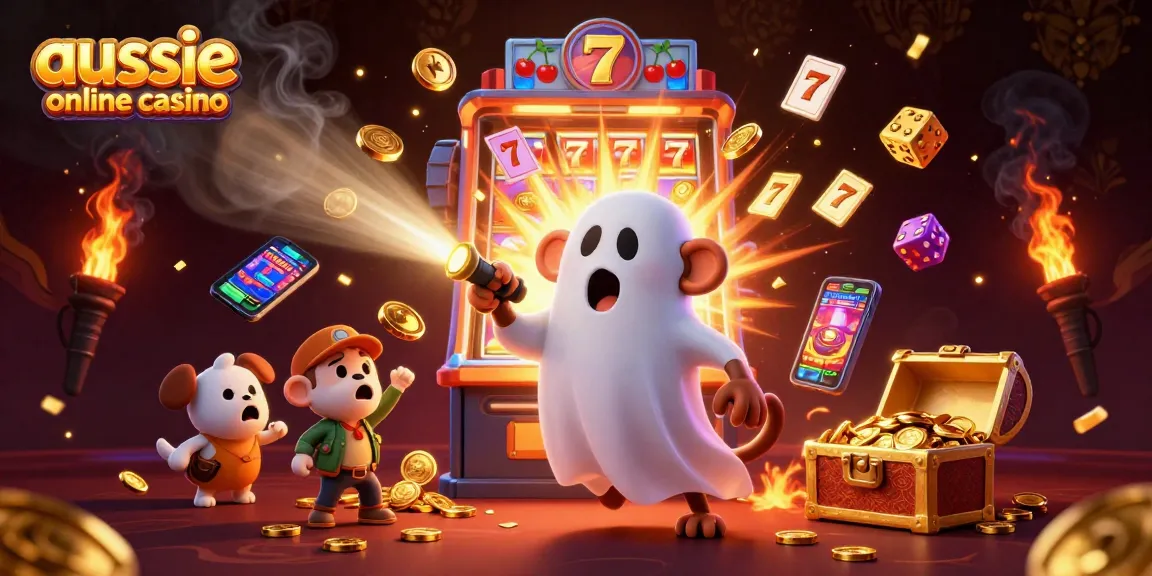 Experience the thrilling atmosphere of an aussie online casino with a playful ghost and rich gaming elements.