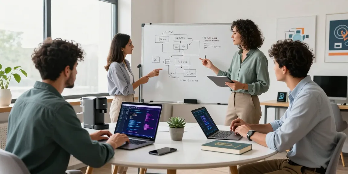 Developers collaborating with AI programming languages at a modern workspace, showcasing top 5 programming languages for AI innovations.