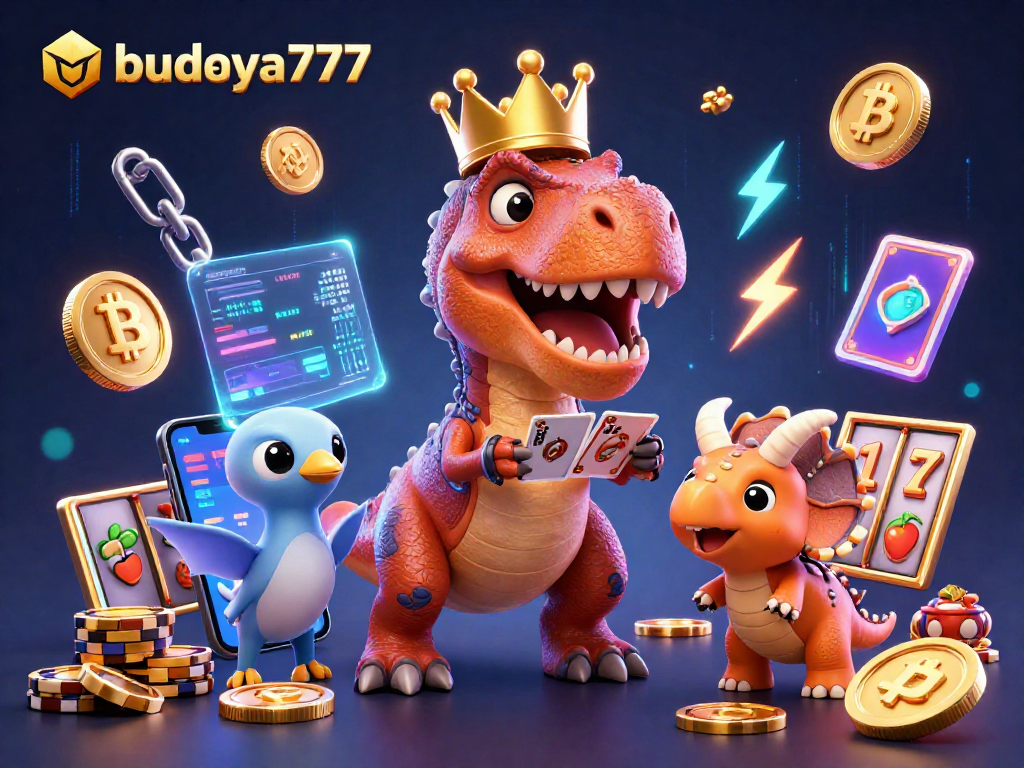 Budaya777 menampilkan Dinosaurus lucu bermain kartu sambil dikelilingi koin Bitcoin dan elemen kasino