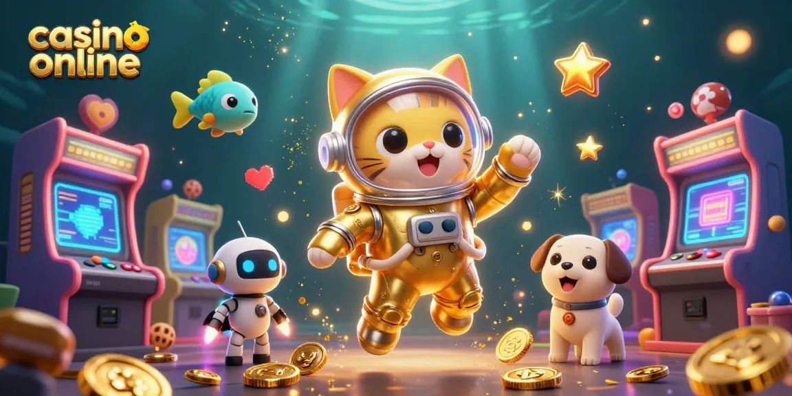 Sloturi online captivante la casino online cu un astronaut și câine robot, înconjurați de jocuri strălucitoare.
