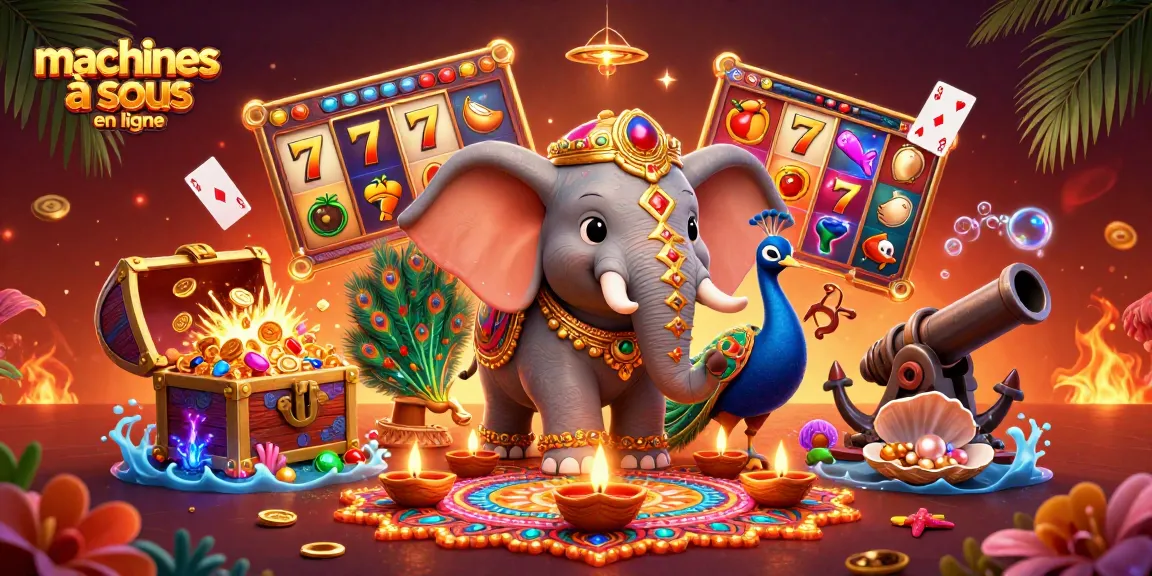 Gagnez avec les machines à sous en ligne sur cette illustration dynamique de jeu de casino illustrant des rouleaux et des jackpots.