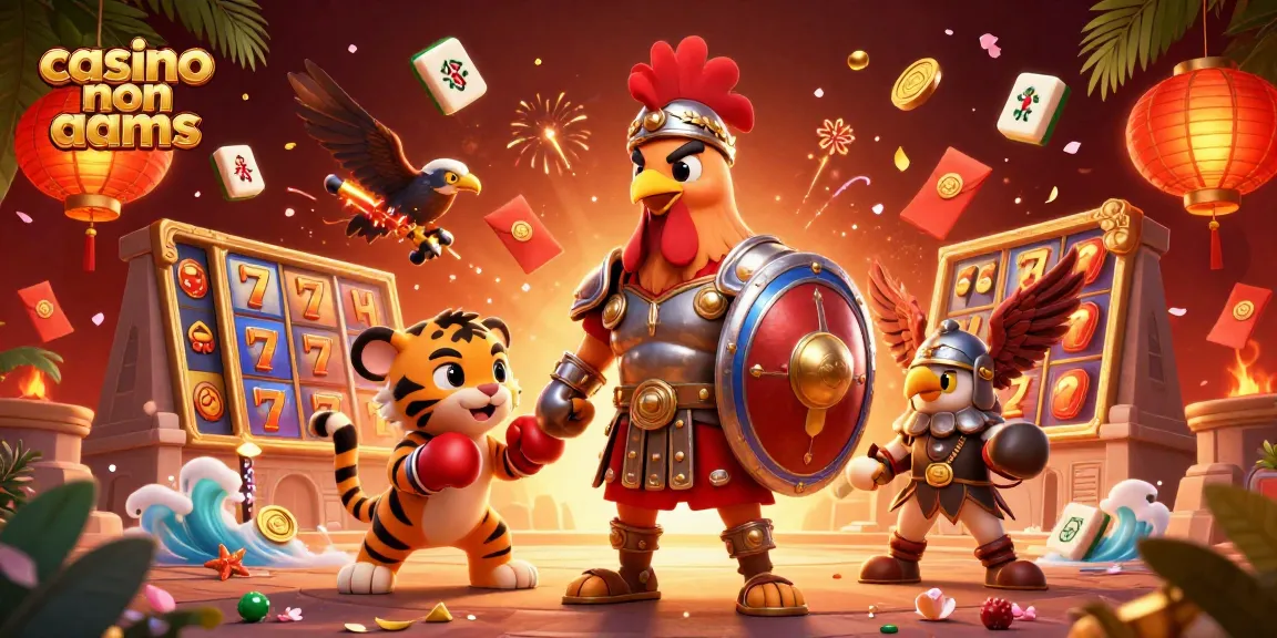 Interagisci con i casino non AAMS attraverso una scena dinamica con un gallo gladiatore e elementi di gioco vivaci.