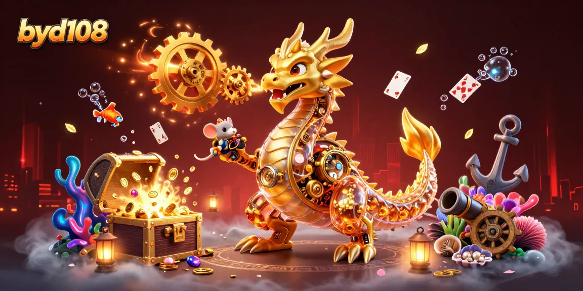 Byd108 menghadirkan ilustrasi magis dari permainan kasino dengan naga emas dan kekayaan yang melimpah.